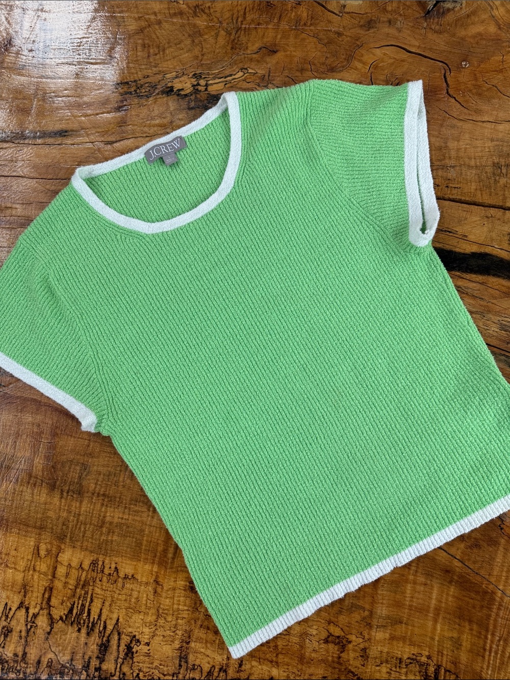 J.Crew Green & White Ribbed Short Sleeve Sweater Size Large Preppy Coastal